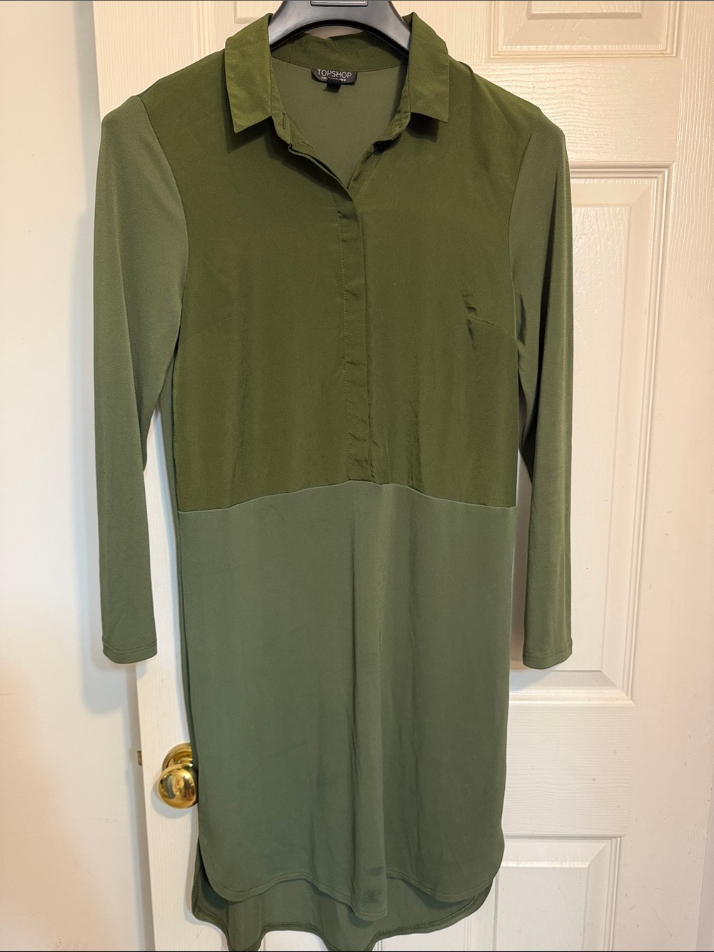 Topshop Two-Tone Olive Green Long Sleeve Shirt Dress